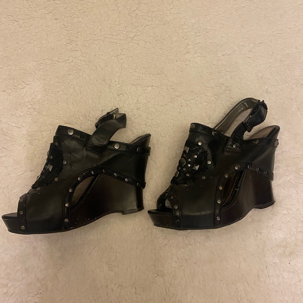 Black silver studded leather wood heal wedges. Size 5.5